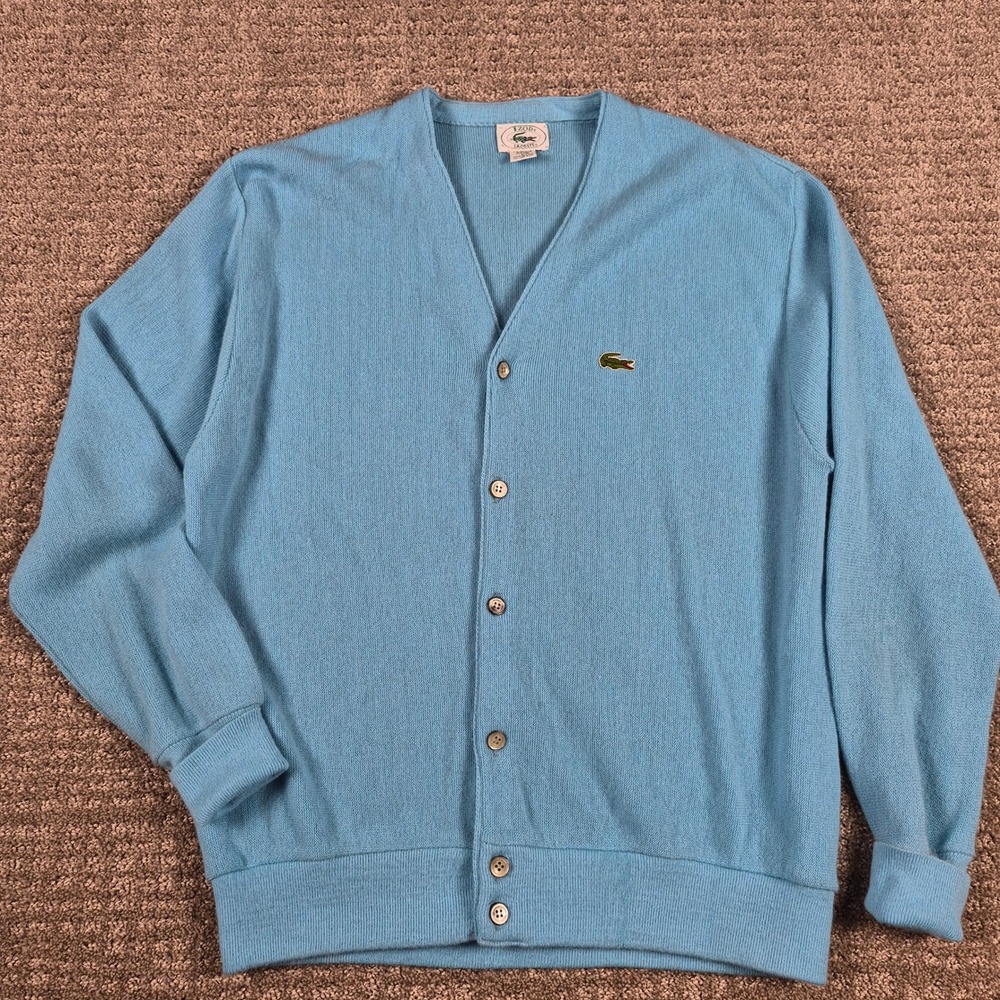 Vintage Izod Lacoste Cardigan Sweater Mens L Light Blue Made in USA Orlon